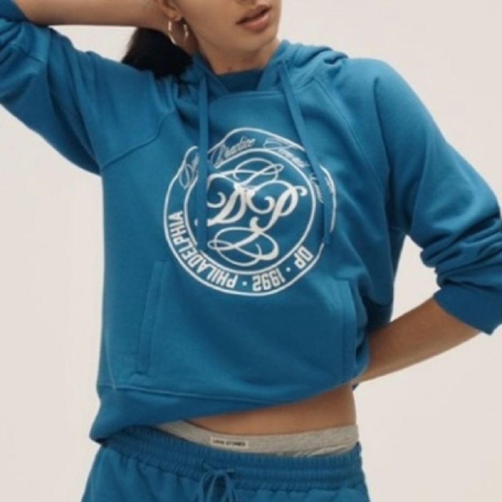 🟠NWT DAILY PRACTICE by ANTHROPOLOGIE Cotton-Blend Graphic Hoodie - Hawaiian Blue